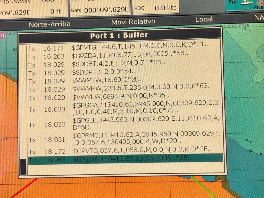 Visualización de datos NMEA 0183 transmitidos, incluyendo varios tipos de oraciones como $GPGGA y $GPVTG, indicando información de posición y velocidad.