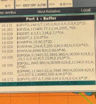 Visualización de datos NMEA 0183 transmitidos, incluyendo varios tipos de oraciones como $GPGGA y $GPVTG, indicando información de posición y velocidad.