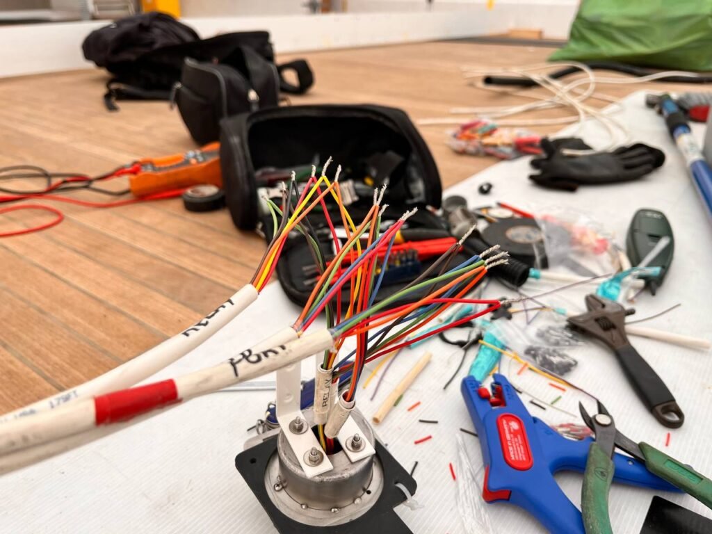 Conjunto de cables multicolores conectados a un conector estanco, herramientas de corte y mediometer en el fondo, mostrando un entorno de trabajo en electrónica naval.